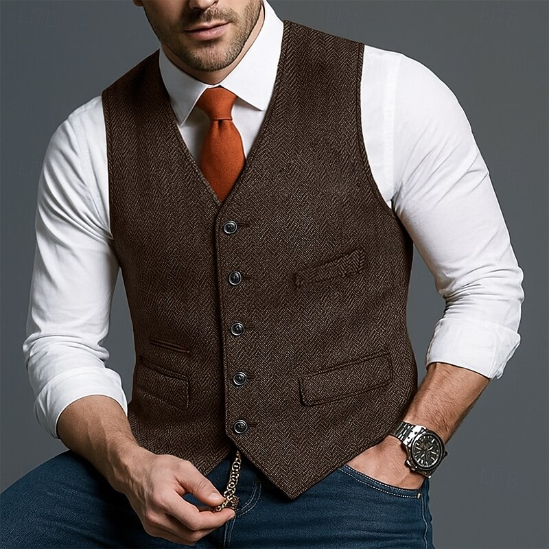 Men's Tweed Vest Waistcoat Formal Wedding Vacation Business Punk Vintage Spring Fall Pocket Buttons Polyester Comfortable Herringbone Single Breasted V Neck Slim Fit Black Wine Navy Blue Brown Vest4