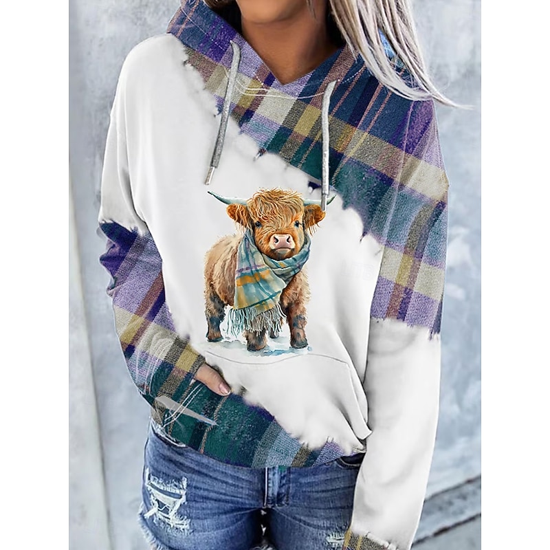 Women's Pullover Hoodie Sweatshirt Graphic Plaid Cow Casual Long Sleeve Hooded Regular Tops Party Evening Wear Street Dailywear Purple Green Spring Fall Winter