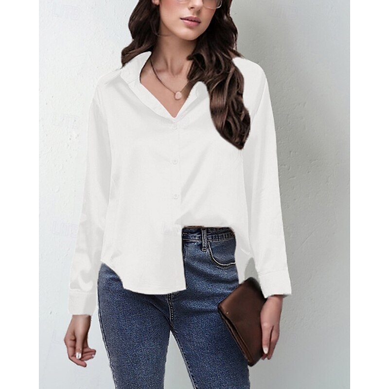 Women's Shirt Elegant Dressy Satin Solid Color Elegant Stylish Basic Long Sleeve Shirt Collar Regular Tops Daily Going out Buttons White Yellow Royal Blue Light Purple Brown Spring Fall2