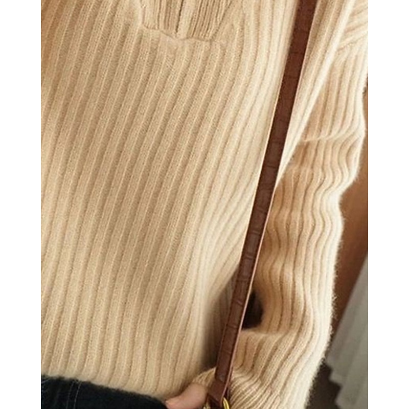 Women's Sweater Pullover Fashion Basic Casual Pure Color Ribbed Half Zip Zipper Knitted Long Sleeve Regular Tops Knit Outdoor Daily Weekend Khaki Fall Winter3