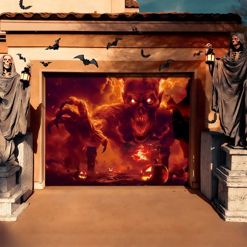 Halloween Garage Door Cover Large Hanging Backdrop Ghost Flame 3D Dark Punk Gothic Style Party Outdoor Shooting Backgrounds Yard Haunted House Home Decor2