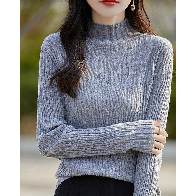 Women's Sweater Pullover Streetwear Casual Solid Color Mock Neck Knitted Long Sleeve Regular Tops Knit Daily Holiday Going out White Pink Fall Winter
