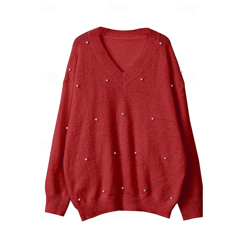 Women's Sweater Pullover Sweatshirt Fuzzy Cozy T Shirt Plain Ribbed Knitted Casual Long Sleeve V Neck Tops Daily Going out Weekend Lace Oversized Red Fall Winter4