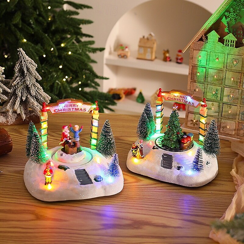 1 Pc 19 * 16CM Christmas resin music box ornament Christmas house European style snow house Santa Claus Christmas tree music LED light AAA battery or USB power supply dual-use model