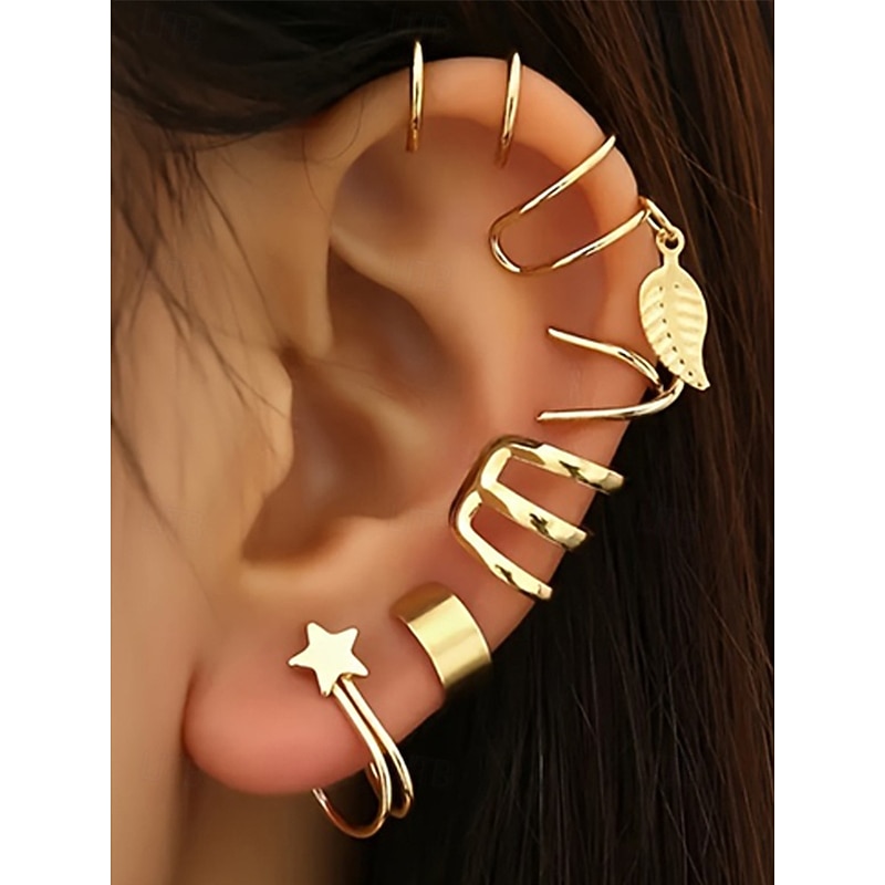 Women's Gold Silver Ear Cuff Set – No Piercing Clip On Earrings with Star and Leaf Design, Trendy Punk Jewelry for Parties and Daily Wear2