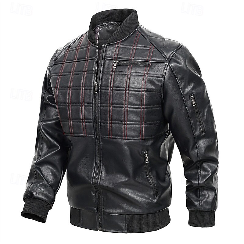 Men's Faux Leather Jacket Biker Jacket Motorcycle Jacket Vacation Daily Windproof Warm Pocket Fall Winter Plaid Fashion Classic Stand Collar Regular Black Jacket3