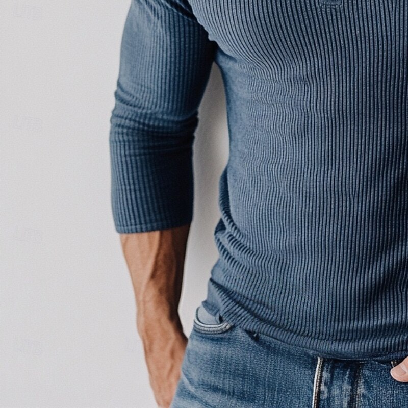 Men's T Shirt Henley Shirt Ribbed Knit tee Tee Top Long Sleeve Plain Pit Strip Solid Fashion Designer Basic Knitting Henley Vacation Street Casual Spring Fall Winter Navy Blue Henley T-Shirt3