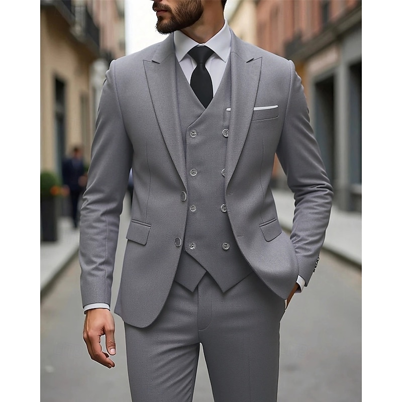 Men's Blazer Vest Set Business Cocktail Party Wedding Party 3 Piece Fashion Casual Spring Fall Polyester Plain Pocket Buttons Comfortable Single Breasted Blazer Dark Gray Black White Red4