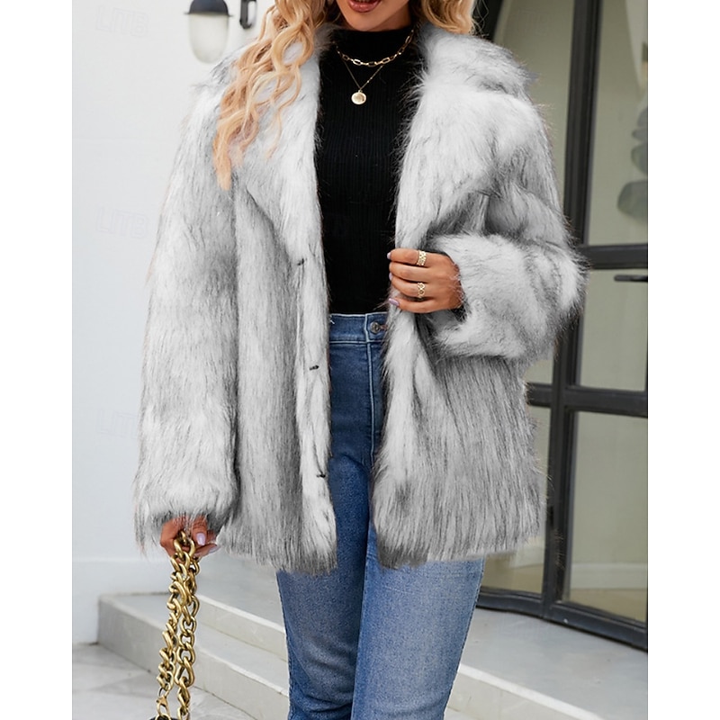 Women's Coat Faux Fur Coat Warm Comfortable Furs & Leathers Fashion Tie Dye Vacation Street Going out Weekend Long Turndown Regular Fit Long Sleeve Outerwear Light Grey Fall Winter2