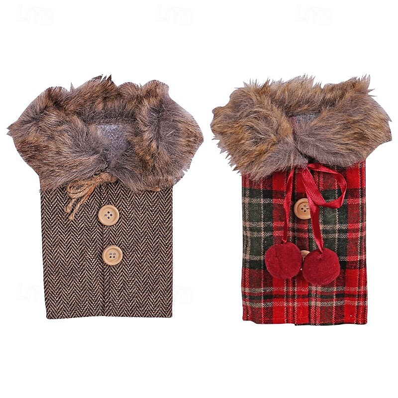 Christmas Wine Bottle Bag Plush Plaid Wine Bottle Cover Decorative Outfit Dress For Table Centerpiece Holiday Party Supplies Home Decoration Christmas Gift Wrapping Accessories3