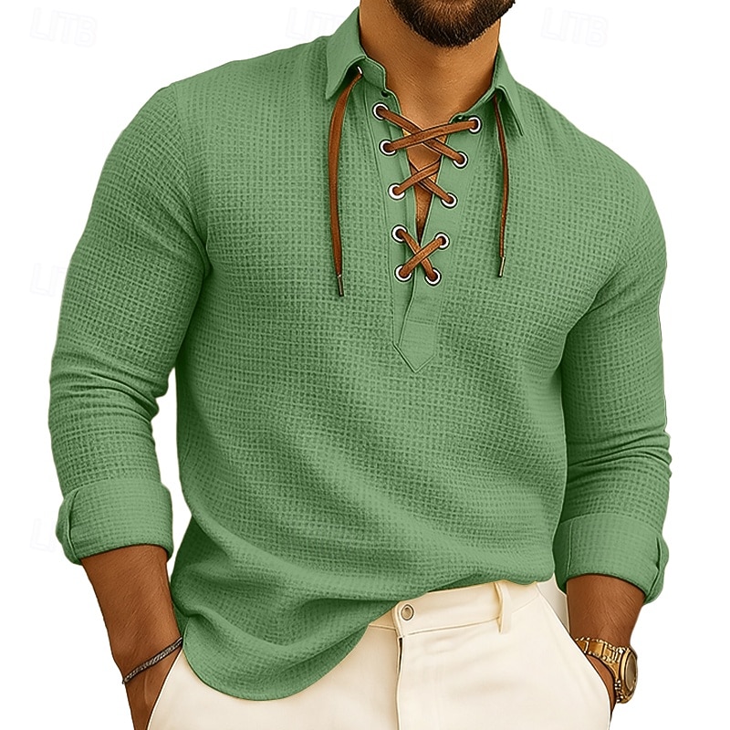 Men's Shirt Summer Shirt Casual Shirt Button Up Shirt Waffle Knit Shirt Black Pink Blue Green Long Sleeve Plain Lapel Vacation Casual Drawstring Clothing Apparel Fashion Casual Comfortable2