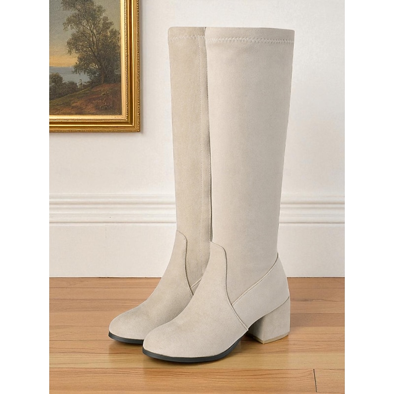 Women's Beige Knee High Faux Suede Block Heel Boots Retro Elegant Winter Fashion Shoes for Daily Wear, Office and Vintage Party Outfits3