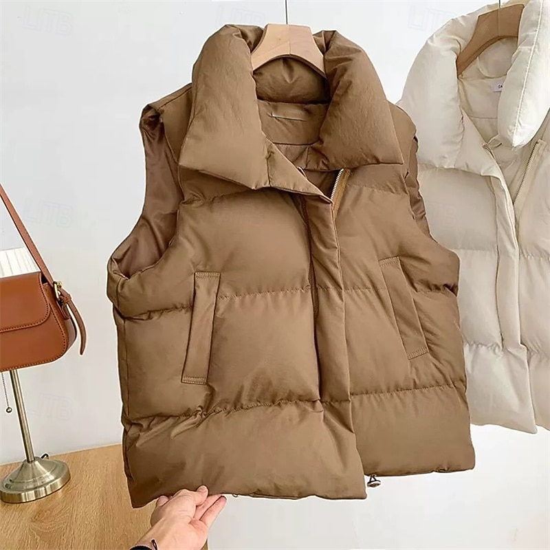 Women's Puffer Jacket Quilted Jacket Casual Jacket Comfortable Breathable Zipper Pocket Casual Plain Vacation Street Casual Daily Wear Zipper Short Turndown Regular Fit Long Sleeve Outerwear Black4