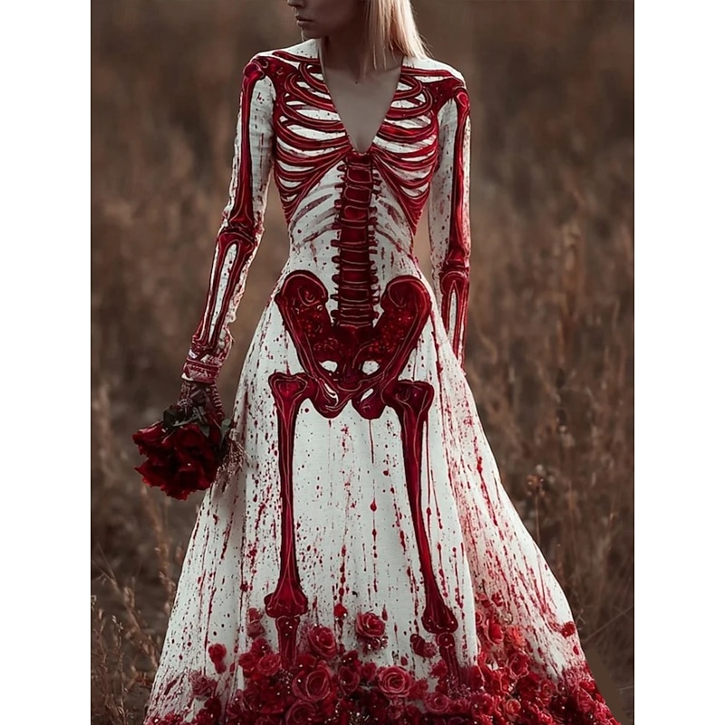 Halloween Women's Maxi Dress Pleated Dress Boho Date Going out Regular Fit Skull Long Sleeve V Neck Red Fall