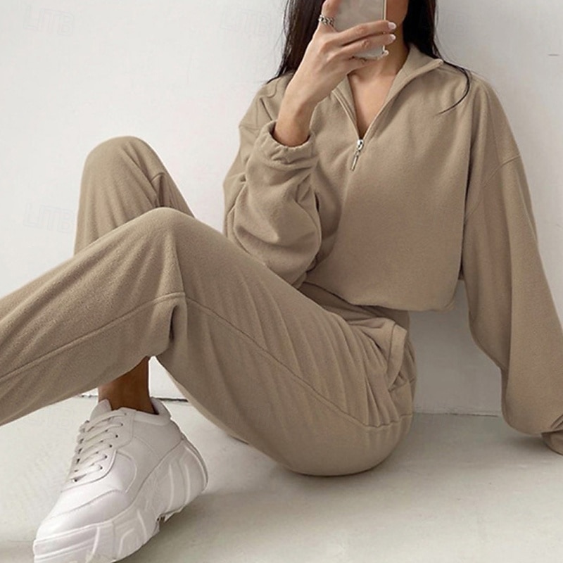 Women's Fashion Streetwear Pants Sets Bolero Top Sweatshirt Long Sleeve Stand Collar Solid Color Zipper Outdoor Work Casual Khaki Spring Regular Fit
