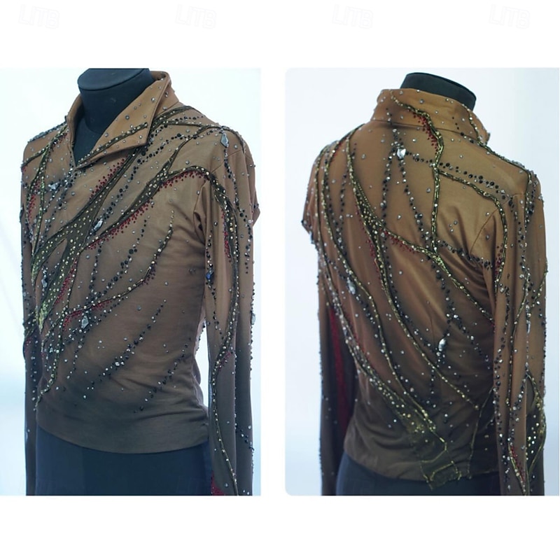 Figure Skating Top Men's Boys' Ice Skating Tops Black Yellow Patchwork Spandex High Elasticity Training Competition Skating Wear Classic Crystal / Rhinestone Long Sleeve Ice Skating Figure Skating