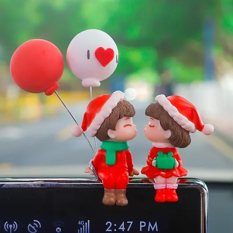 Christmas Car Ornament - Festive Couple Doll with Red Balloon Resin Dashboard Decor for Holiday CelebrationsCar Interior Decoration Christmas Decorations Christmas Doll Car Dashboard Decoration4