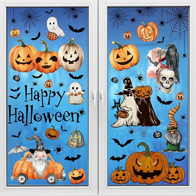 8 Sheets Halloween Window Clings, Cartoon Hand-Drawn Gnome Pumpkin Decals, Static Stickers for Windows, Halloween Party Home & Store Decorations3