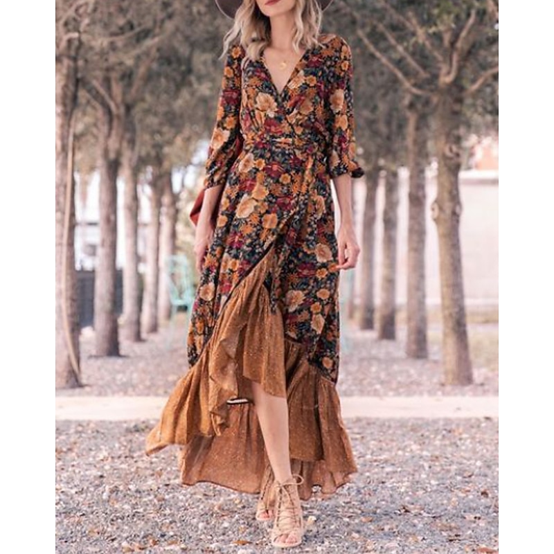 Women's Long Dress Maxi Dress Floral Dress Print Dress Fashion Modern Outdoor Party Daily Regular Fit Floral Long Sleeve V Neck Red Summer Spring Fall Autumn3
