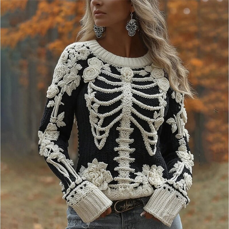 Halloween Women's Sweater Skeleton  Cute Streetwear Casual Graphic Skeleton Crew Neck Patchwork Knitted Long Sleeve Regular Tops KnitRed Beige Fall Winter2