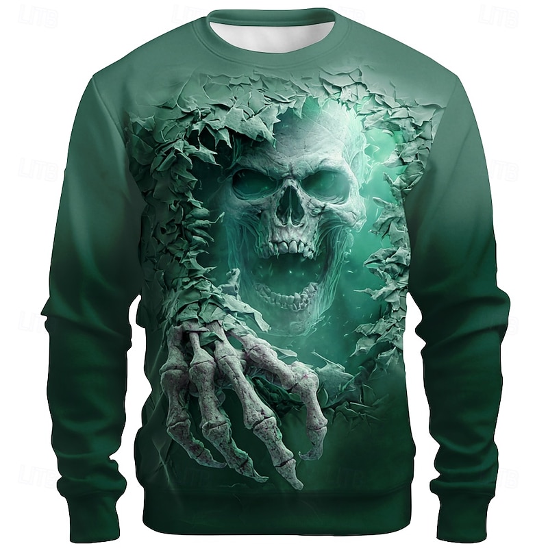 Halloween Men's Grim Reaper 3D Sweatshirt Punk Party Crew Neck Vacation Blue Green Crewneck 3D All Seasons Designer2