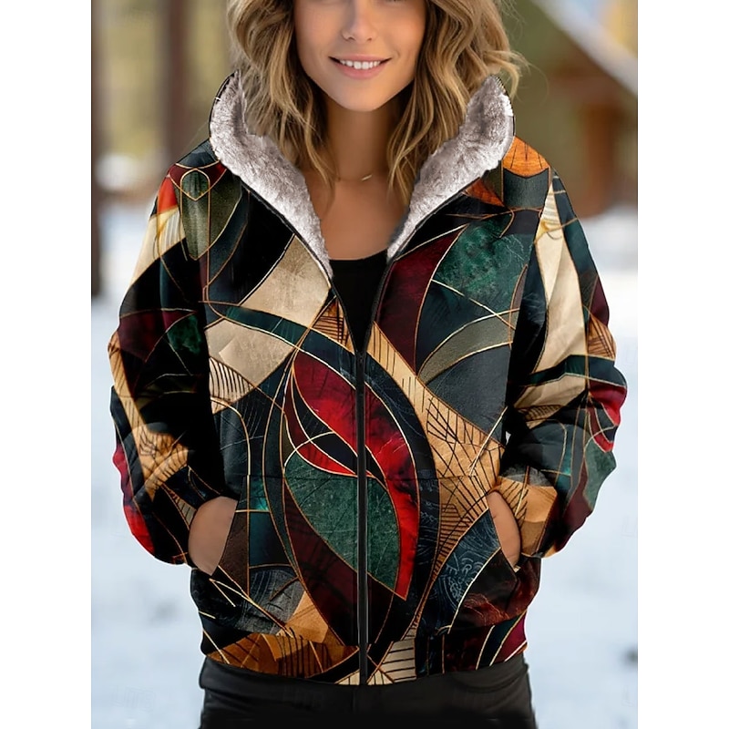 Women's Zip Up Hoodies Floral Graphic Geometric Fashion Casual Long Sleeve Hooded Regular Tops Street Dailywear Casual Zipper Pocket Print Green Spring Fall Winter