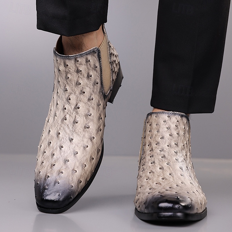 Men's Gray Faux Leather Chelsea Boots – Ostrich Pattern Slip-On Ankle Dress Shoes for Business, Formal Events and Daily Wear4