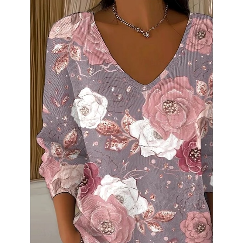 Women's Sweater Casual Soft Floral Ribbed V Neck Knitted Print Long Sleeve Regular Tops Knit Outdoor Daily Weekend Dusty Rose Fall Winter2