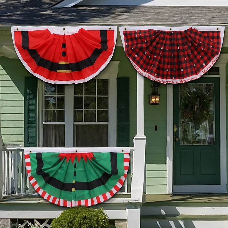 Christmas Pleated Half-Round Flag, Courtyard Party Decoration, Santa Claus, Snowman and Elf Fan Banner