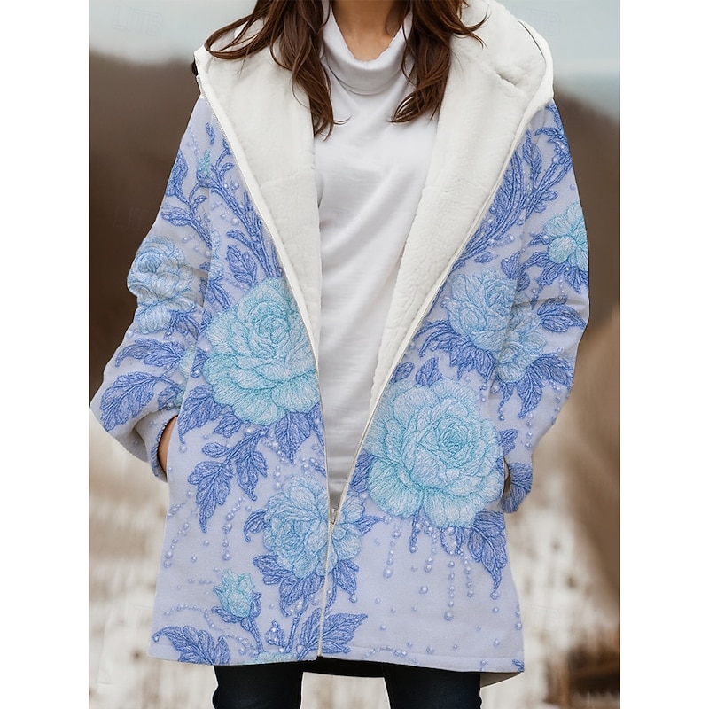 Women's Winter Coat Winter Jacket Windproof Warm Zipper Pocket Fleece Lined Casual Floral Outdoor Vacation Home Casual Long Hooded Regular Fit Long Sleeve Outerwear Light Blue Yellow Pink Winter2