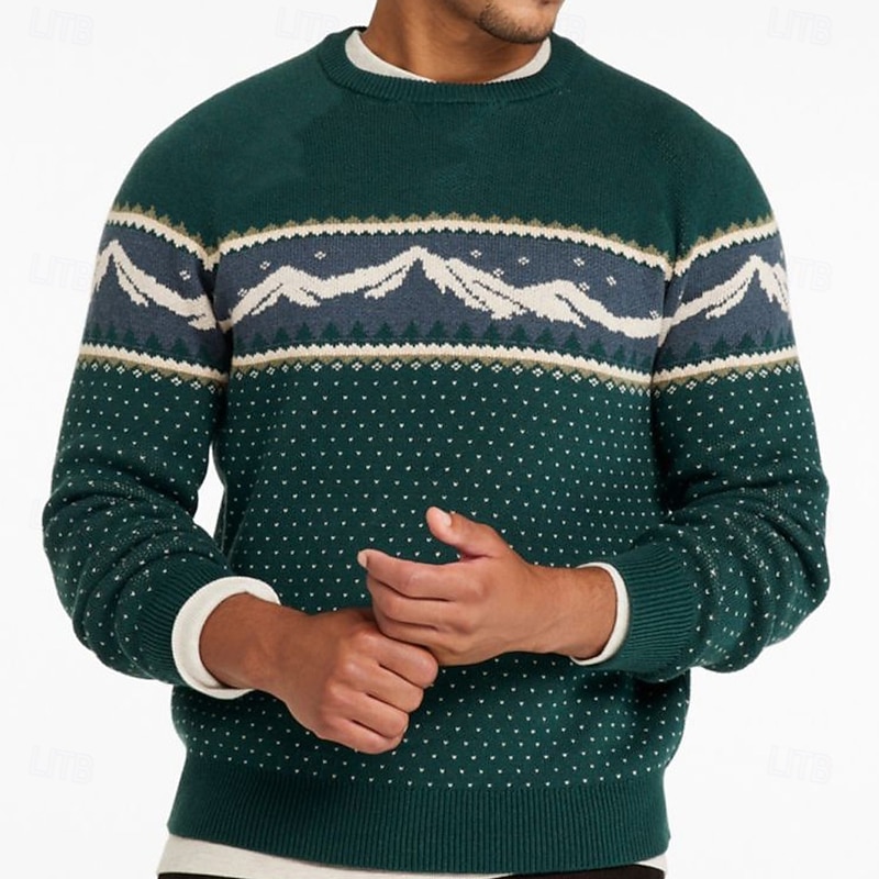 Men's Mountain Fair isle Sweater Pullover Sweater Jumper Knitwear Crewneck Casual Vacation Daily 3D Print Keep Warm Long Sleeve Spring Fall Winter Green