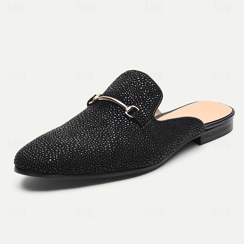 Men's Black Genuine Leather Mule Loafers – Stylish Slip-On Backless Dress Shoes with Metal Buckle for Parties and Evening Wear2