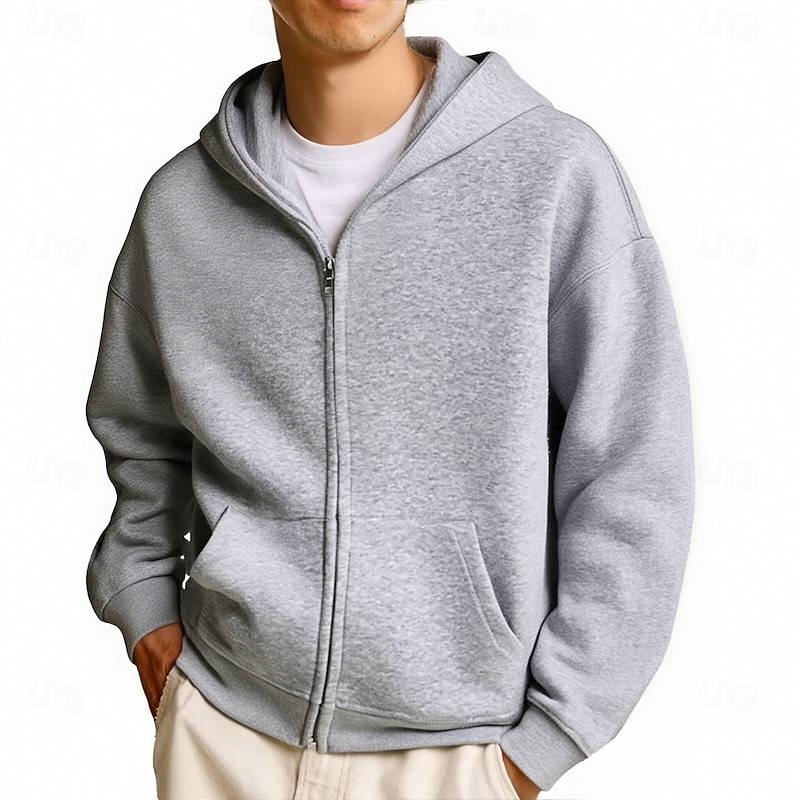 Men's Hoodie Full Zip Hoodie Black White Navy Blue Light Grey Hooded Plain Pocket Sports & Outdoor Daily Holiday Polyester Streetwear Basic Casual Fall Winter Clothing Apparel Hoodies Sweatshirts