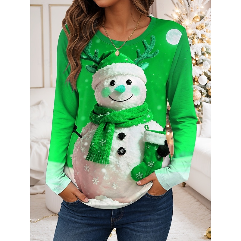 Christmas Women's T Shirt Graphic Snowman Vintage Fashion Stylish Long Sleeve Round Neck Regular Tops Daily Weekend Print Red Blue Purple Green Fall Winter3