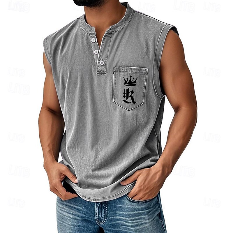 Men's Vest Top Undershirt Sleeveless Shirt Sleeveless Henley All Seasons Letter Fashion Designer Pocket Vacation Street Going out Black Pink Dark Navy Top Tee for Men4