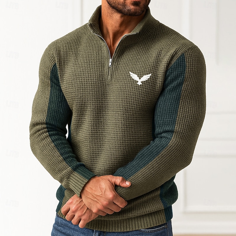 Men's Animal Pullover Sweater Jumper Zip Sweater Polo Sweater Zip Collar Casual School Vacation Daily Embroidered Zipper Long Sleeve Sky Blue Brown Green3