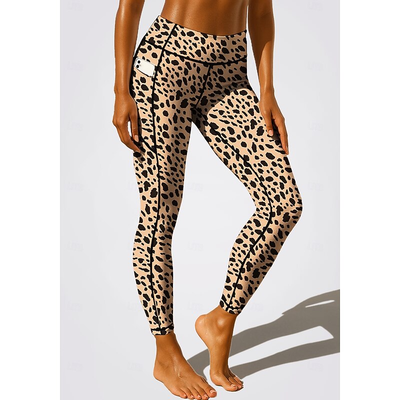 Women's pilates leggings fitness pants Gym Leggings Pockets Stamp Duty Side Pockets Pilates Gym Gym Workout Pants Tights Leggings Leopard Print Brown Sports Activewear Stretchy Tight Fit2