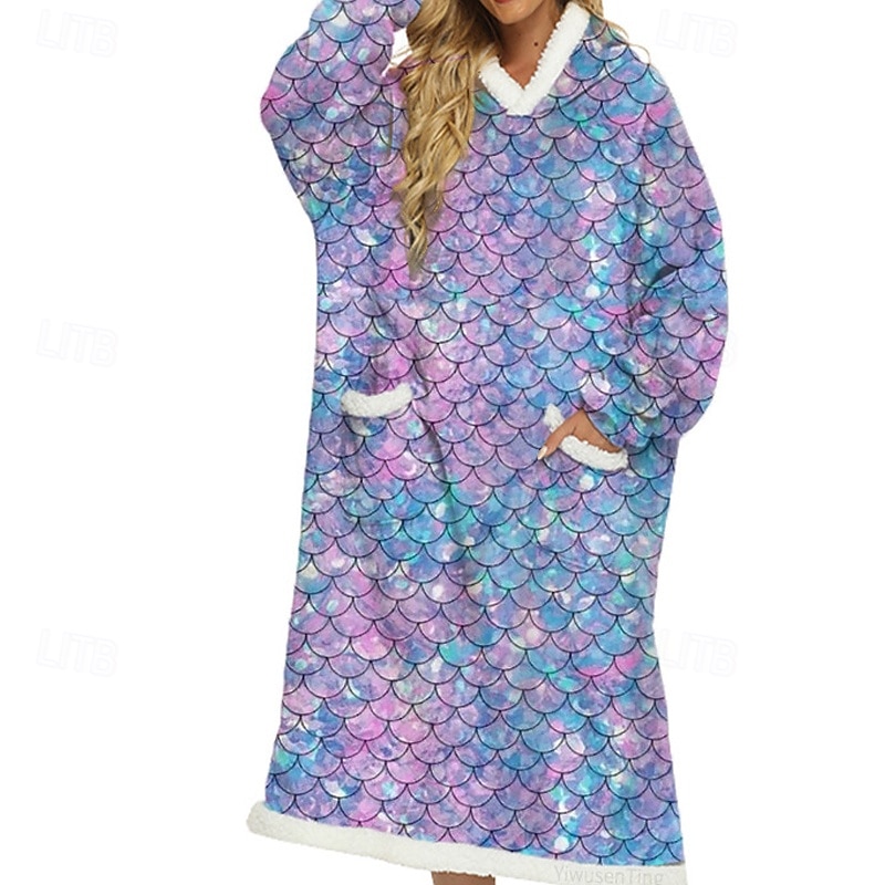Women's Pajamas Wearable Blanket Comfort Geometic Pocket Home Daily Bed Long Sleeve Hoodie Blue Gray Winter2