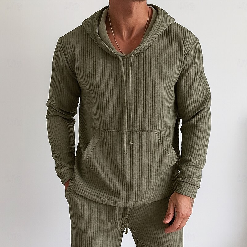 Men's Hoodie Pullover Hoodie Sweatshirt Ribbed Knit Army Green Blue Purple Light Grey Hooded Plain Patchwork Color Block Sports & Outdoor Casual Daily Streetwear Cool Sportswear Spring & Fall All2
