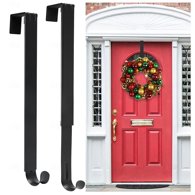 2Pcs Adjustable Heavy Duty Metal Wreath Hanger with Over Door Hook 15 to 25 Inch Wreath Hook Supports Up to 20lbs - Perfect for Christmas, Halloween, Easter & Thanksgiving