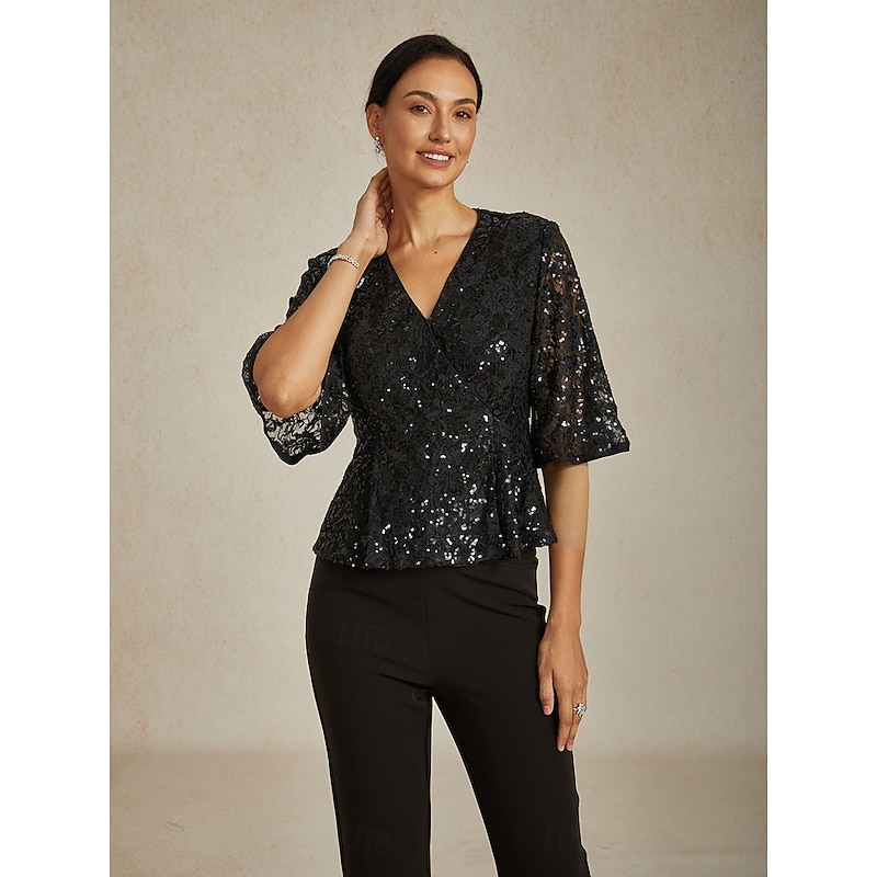 Women's Blouse Lace Tops Evening Tops Sequin Tops Elegant Party V Neck Regular Tops Wedding Guest Cocktail Attire Sequins Lace Black Spring, Fall, Winter, Summer4