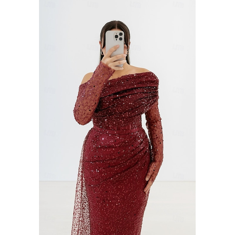 Red Black Sheath / Column Evening Gown Elegant Formal Dress Formal Wedding Floor Length Long Sleeve One Shoulder Sequined with Glitter 20252