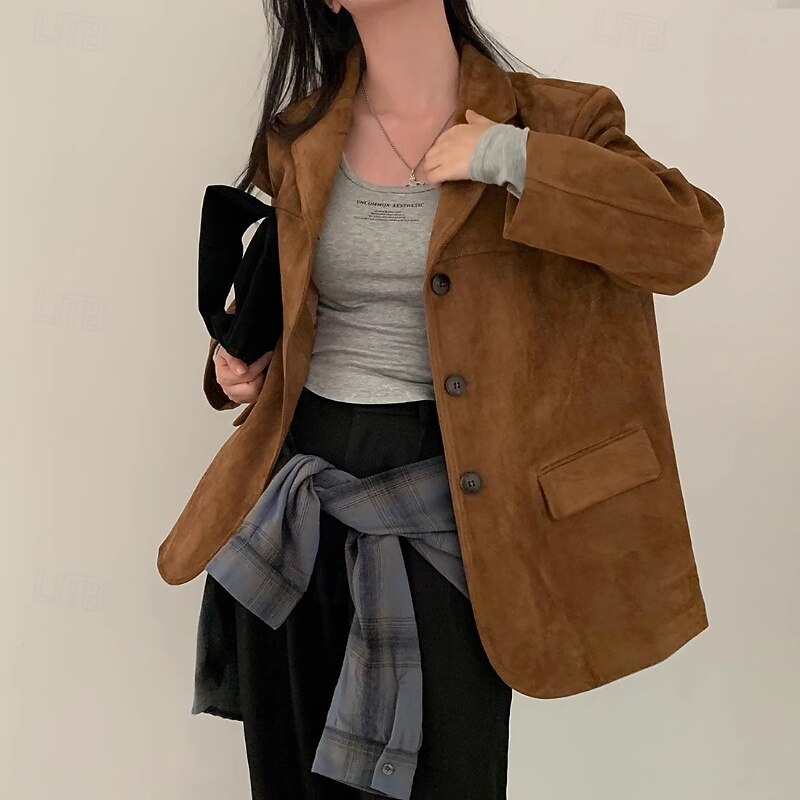 Women's Blazer Warm Comfortable Pocket Buttons Vintage Plain Formal Vacation Office Going out Regular Turndown Loose Fit Long Sleeve Outerwear Brown Khaki Fall Winter4