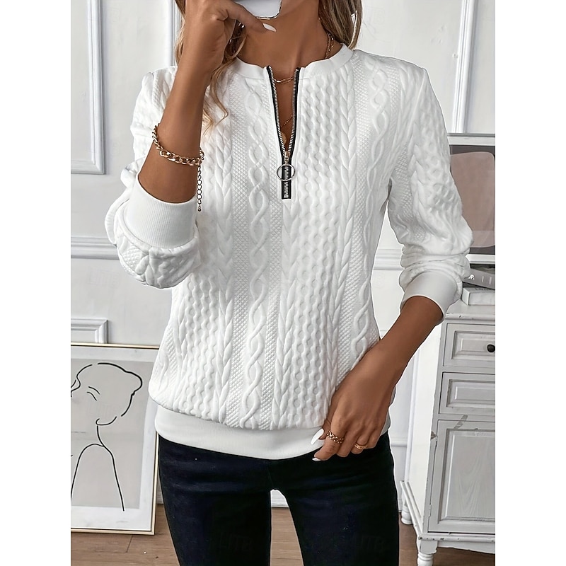Women's Blouse Solid Color Stylish Casual Long Sleeve Crew Neck Regular Tops Daily Zipper Black White Pink Blue Spring Fall Winter4