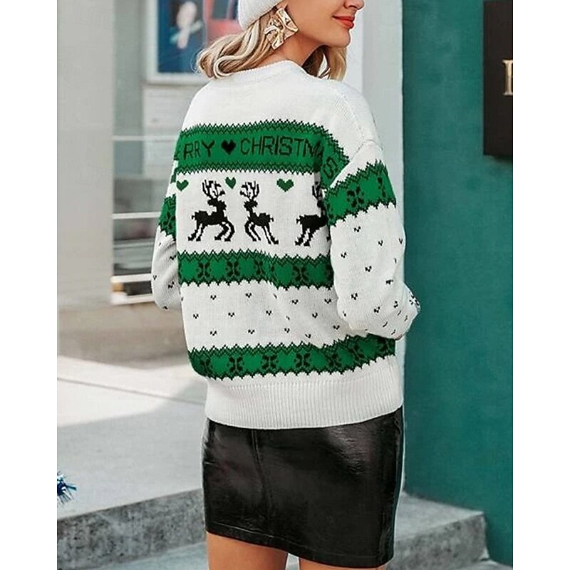 Women's Sweater Pullover Fashion Casual Reindeer Ribbed Crew Neck Knitted Print Long Sleeve Regular Tops Knit Christmas Outdoor Daily Green Fall Winter3