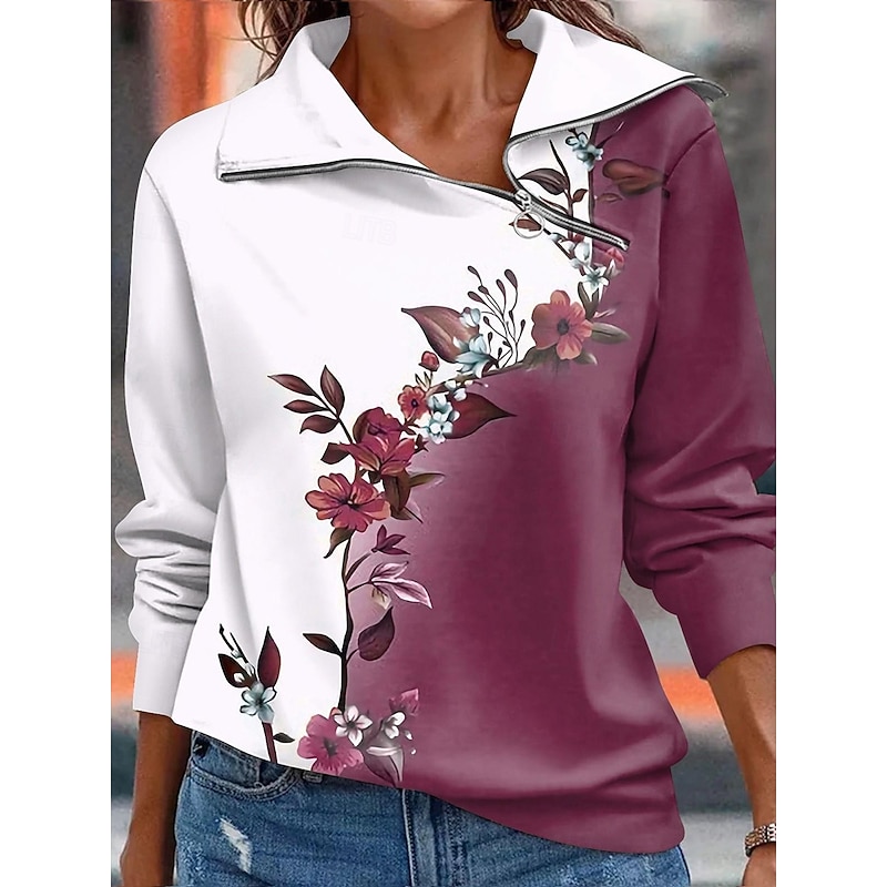 Women's Zip Up Sweatshirts Floral Graphic Casual Long Sleeve High Neck Regular Tops Red Blue Purple Green Spring Fall Winter4