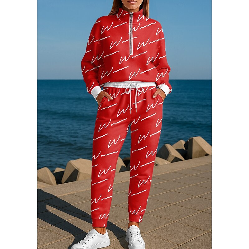 Christmas Women's Sweatshirt Tracksuit 2 Piece Tracksuit Baggy Letter Clothing Suit Fall Red Vocation Outdoor Travel Lightweight Fashion Long Sleeve Sport Activewear Micro-elastic Regular Fit3