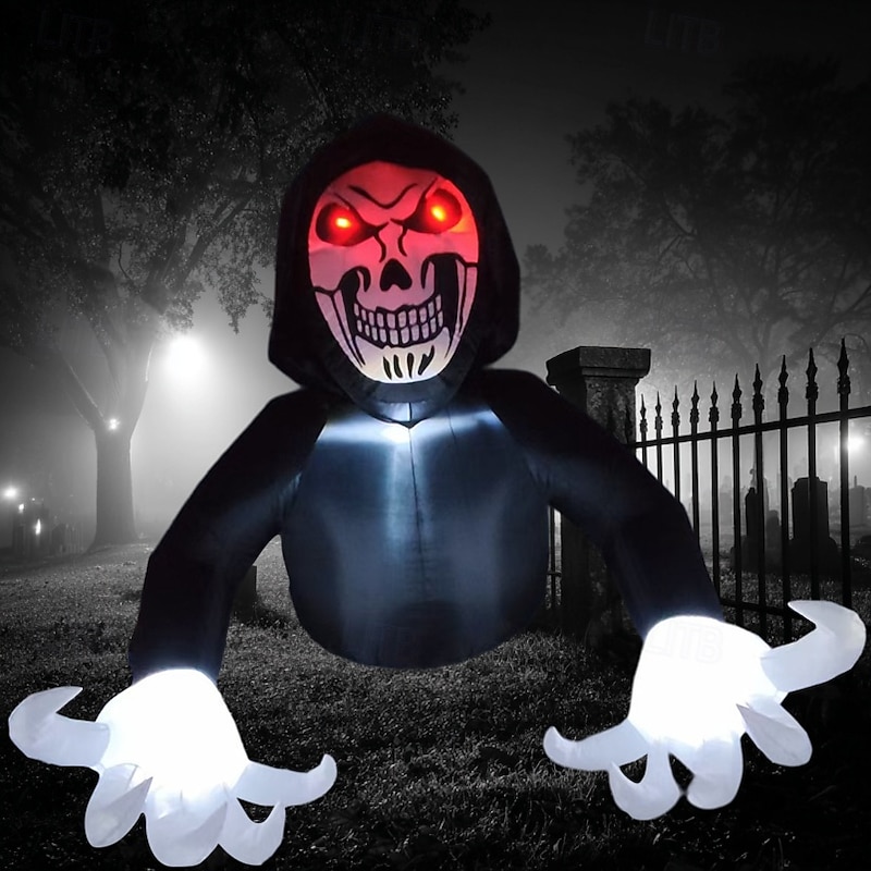 1 Pc 2.1M * 1.8M Halloween Ghost Face Red Eyes Black Clothes Man LED with Light Inflatable Air Model Indoor and Outdoor Courtyard Garden Lawn Party Horror Weird Atmosphere Decorative EU/US/UK/AU Plug