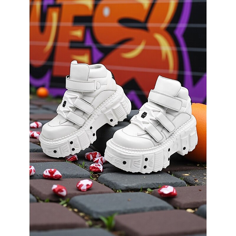Women's White Platform Gothic Sneakers - Chunky Velcro High Top Shoes for Halloween Party, Cosplay and Nightlife Fashion2