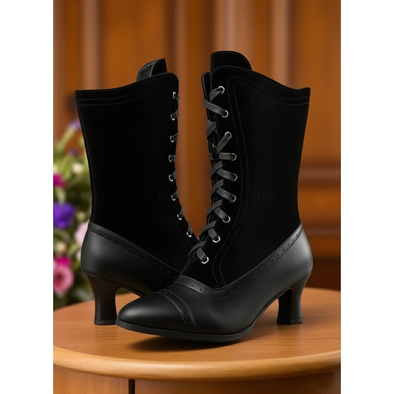 Women's 1900s Victorian Lace-Up Mid-Calf Boots – Burgundy Satin and Black Faux Leather Retro Heeled Footwear for Historical Costumes, Gatsby Party and Stage Performances